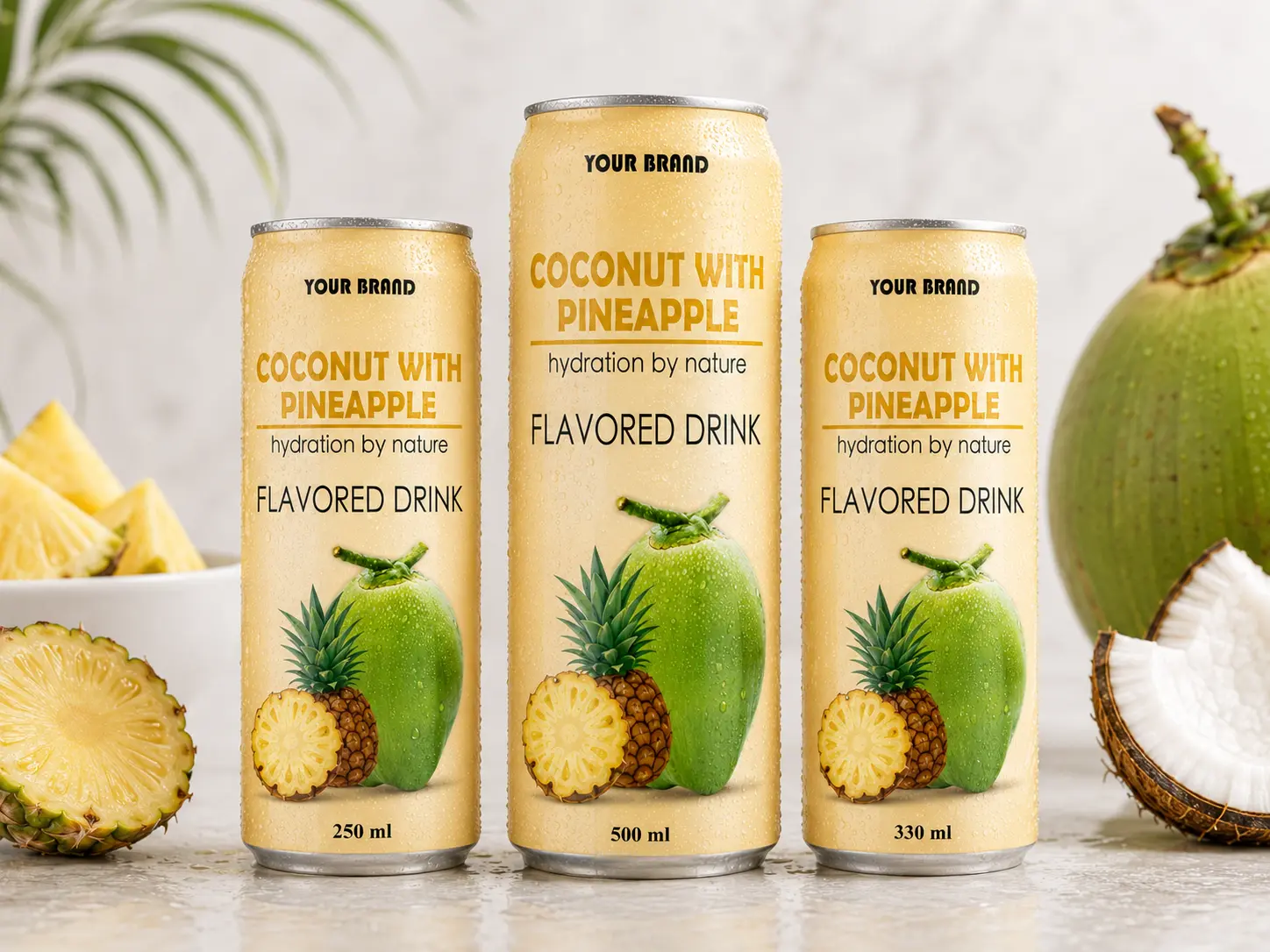 COCONUT FLAVORED DRINK pineapple flavour shown in 250ml, 500ml, and 330ml cans.